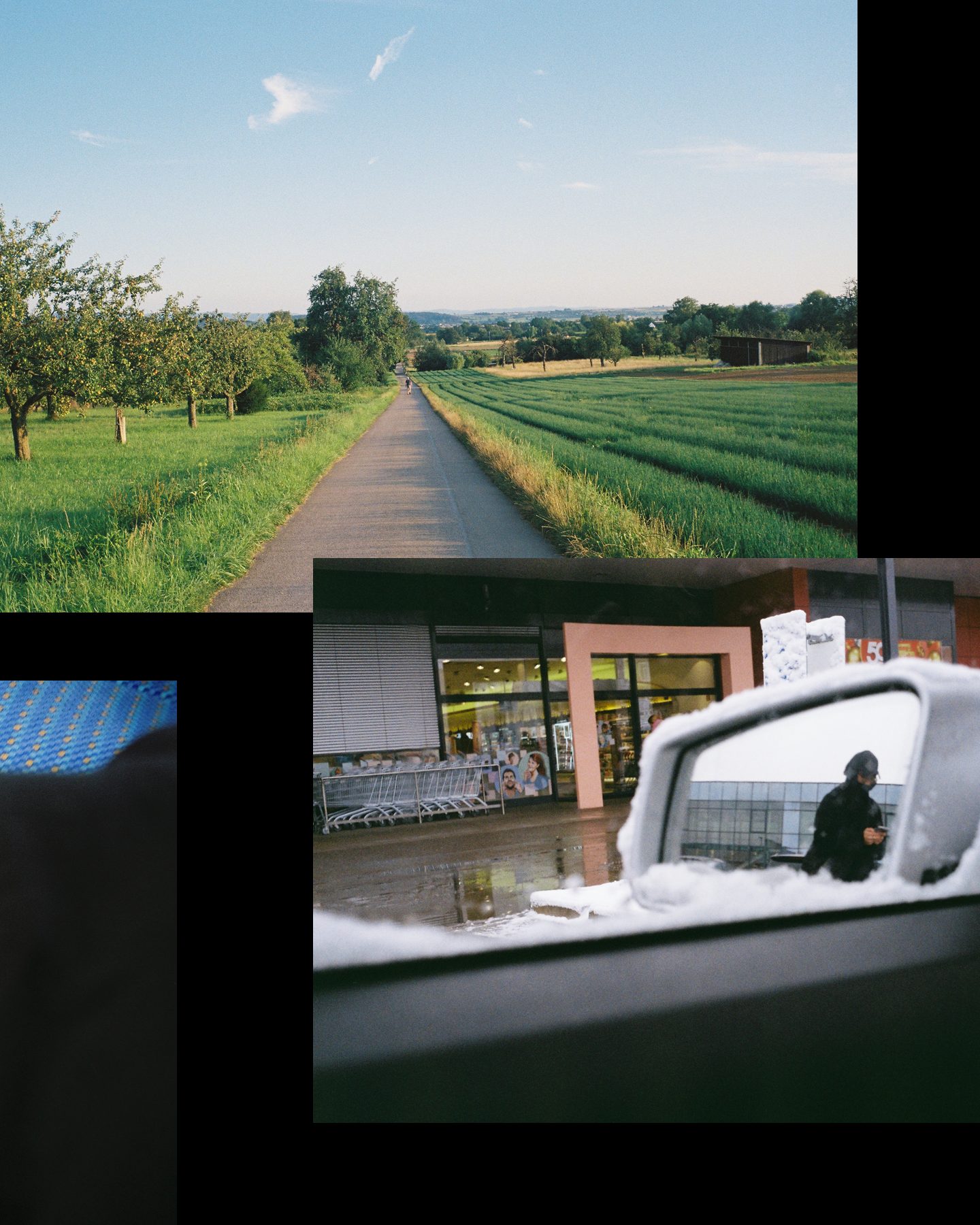 Slide 2 of 3: a path between fields and fruit trees, and a snowy car mirror reflecting me with the camera