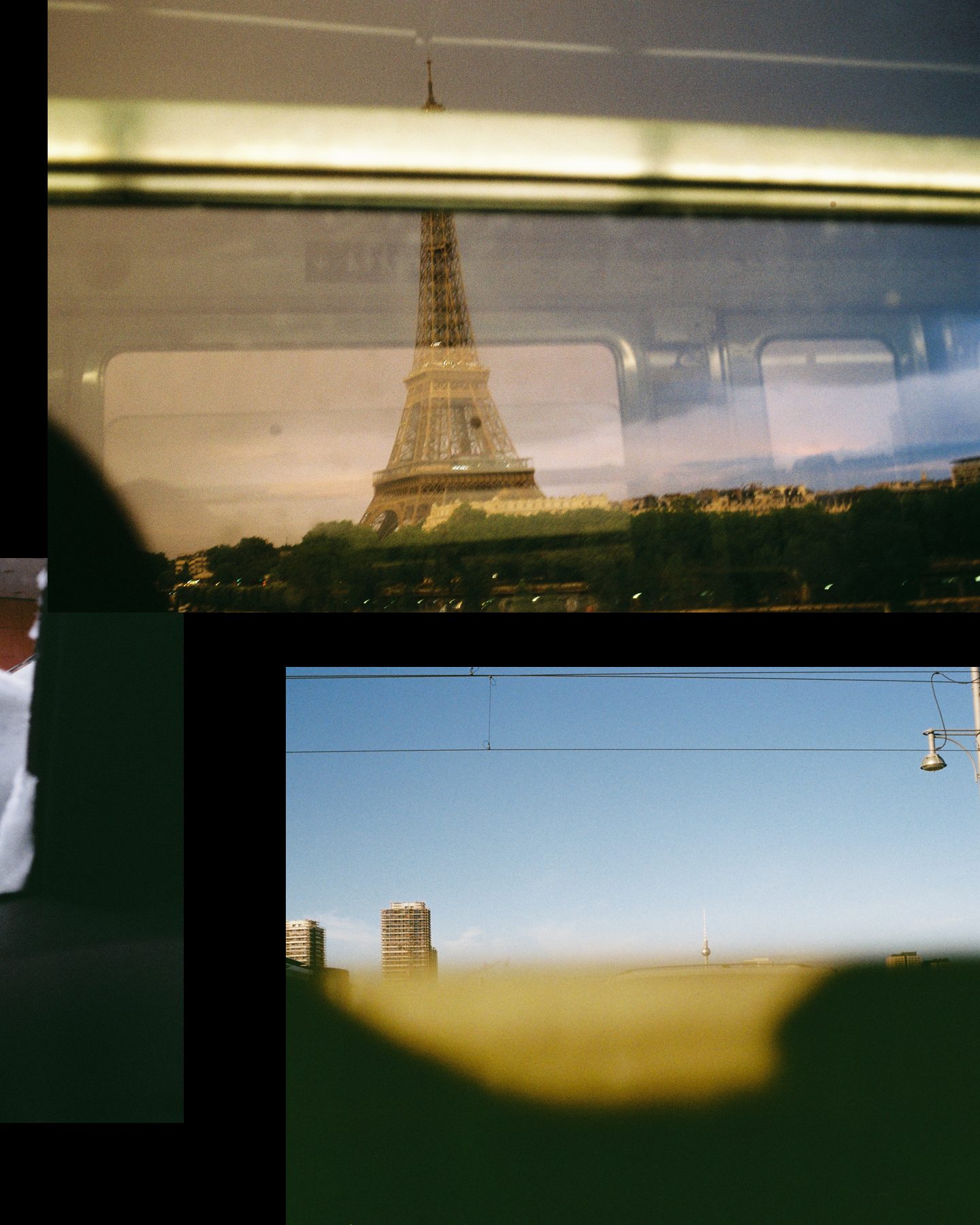 Slide 3 of 3: the Eiffel Tower through a metro window, and high-rises above a yellow blur