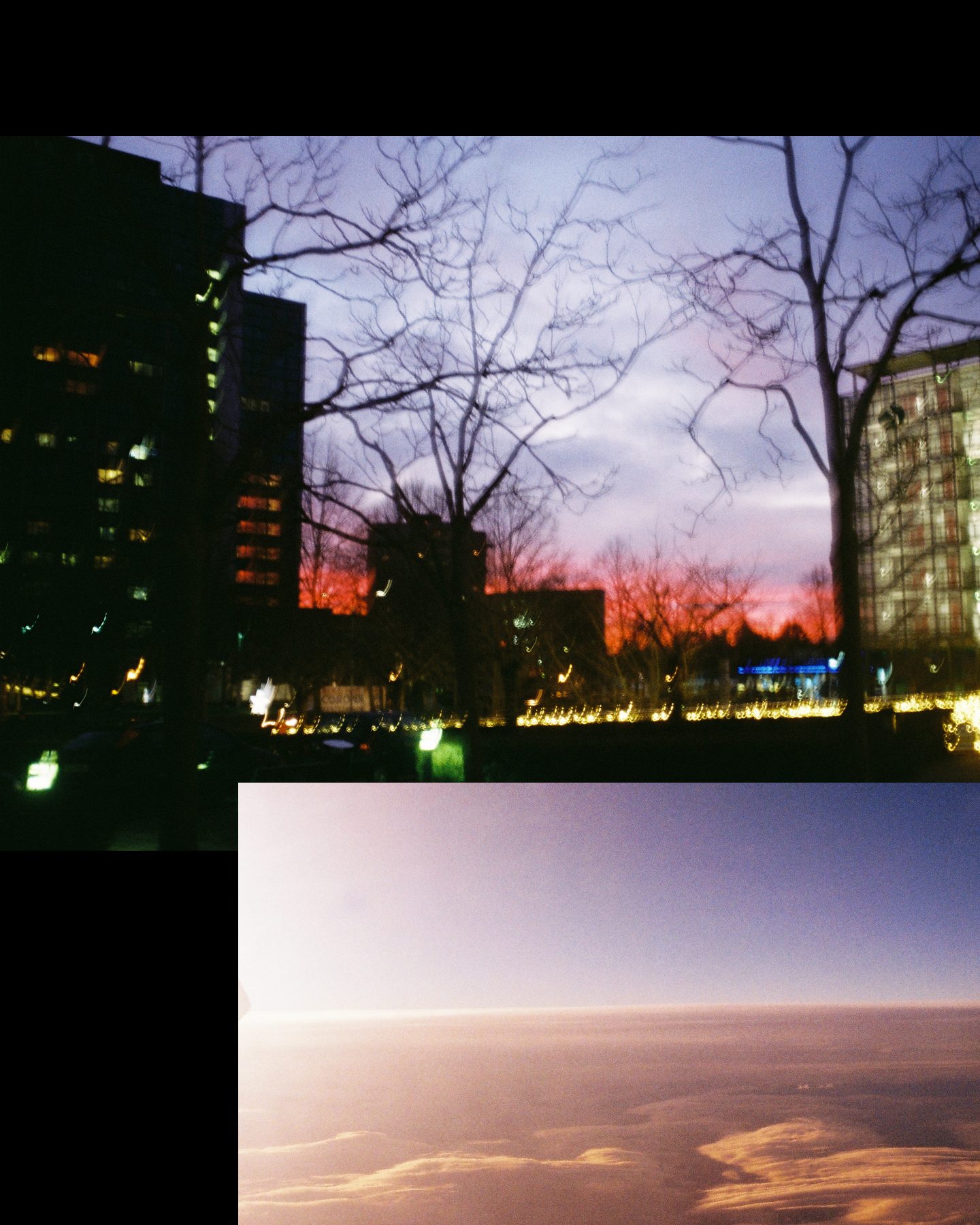 Slide 1 of 2: a red sunset behind bare trees and lit office windows, and clouds seen from a plane