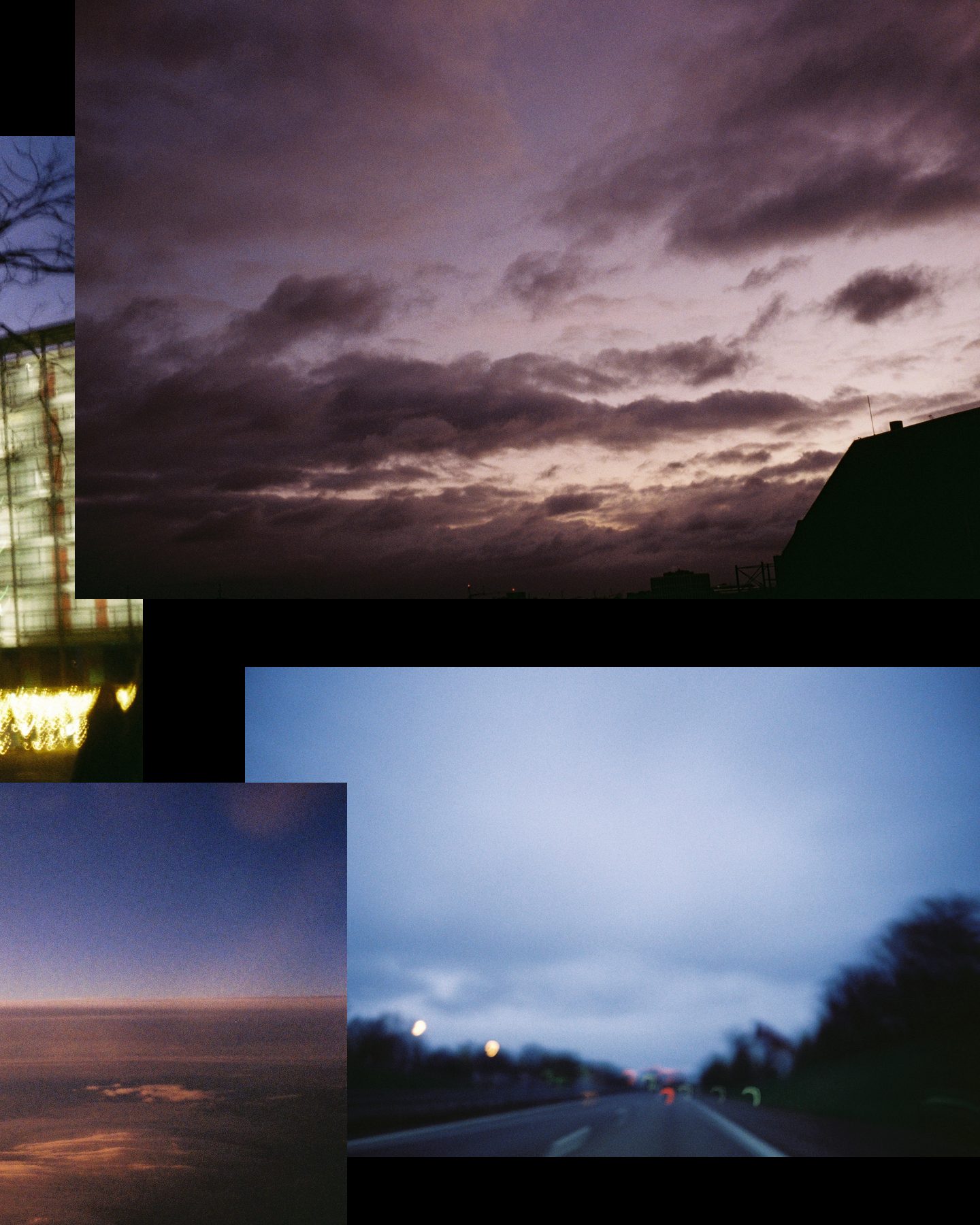 Slide 2 of 2: purple clouds over a rooftop, and a road at blue hour with street lights coming on