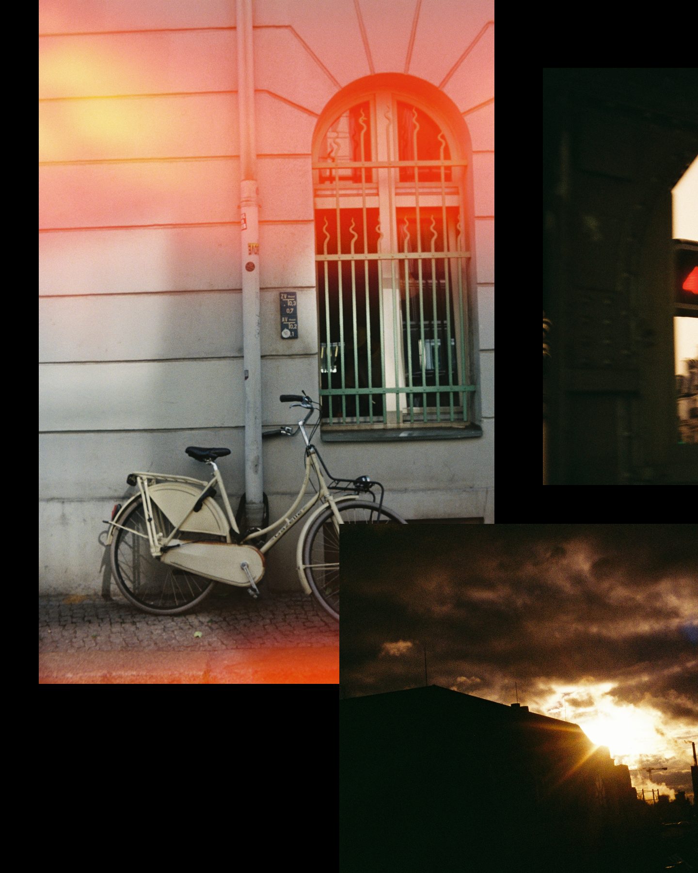 Slide 1 of 2: a bicycle against a wall under a red light leak, and the sun breaking through dark clouds