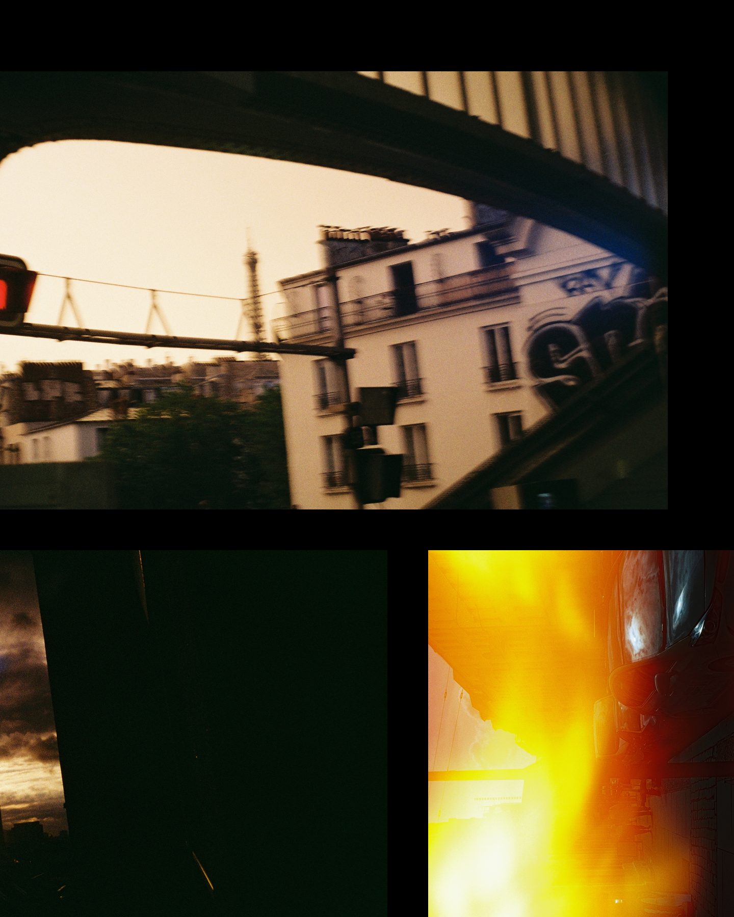 Slide 2 of 2: an archway framing a warm sky with a red pedestrian light, and an orange light leak