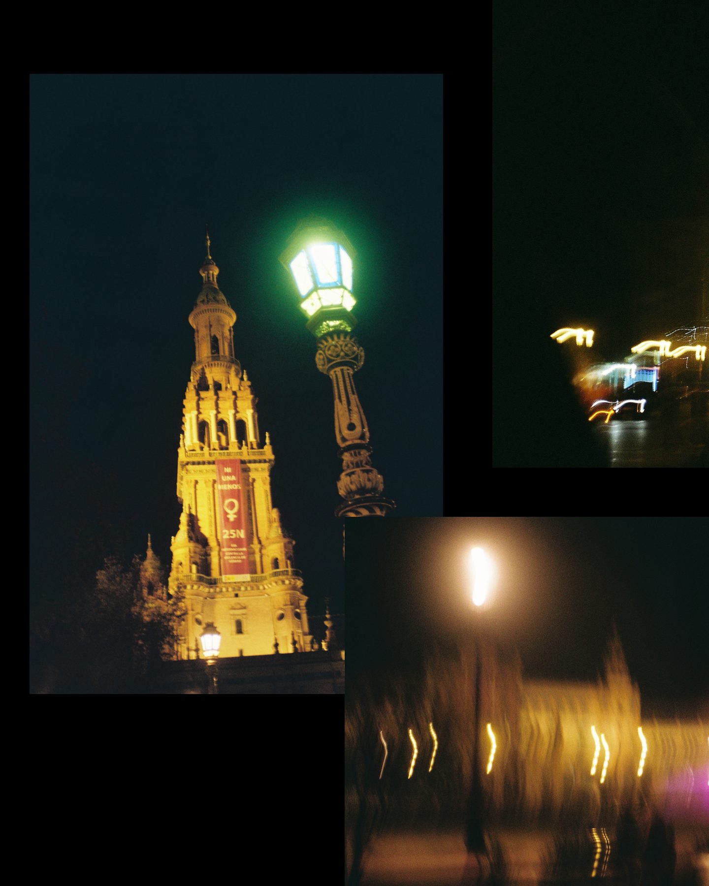 Slide 1 of 2: a floodlit tower beside a green street lamp, street lights pulled into streaks, and a fountain blurred by a slow shutter